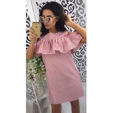 AIZHIXI 2018 Women Fashion Ruffles Blue Striped Summer Dress Casual O-Neck Off Shoulder Butterfly Sleeve Party Short Dresses