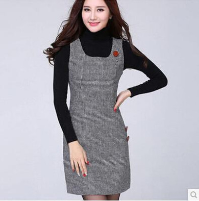 AISHGWBSJ Women autumn Winter Dress fall Houndstooth sundress temperament Thousand Birds Vest big yards morality dress LP0011