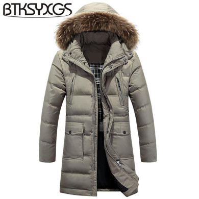 BTKSYXGS 2017 Mens Hooded down jacket coat parka fashion Thick warm long design winter Large fur collar outerwear overcoat/M-3XL