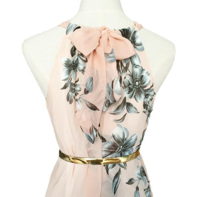 2017 Sexy Women Chiffon Long Dress Floral Print Round Neck Sleeveless Party Dresses Boho Maxi Dress Pink Summer Beach Sundress