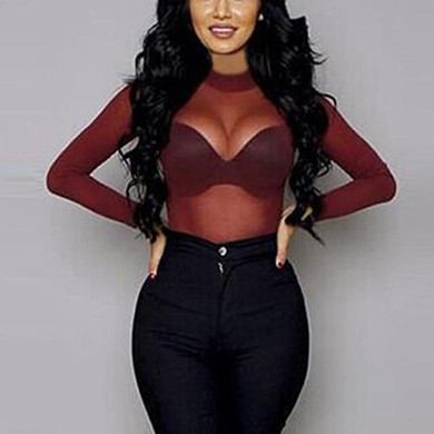 2017 Sexy Women Blouses See Through Transparent Mesh Stand Neck Long Sleeve Sheer Blouse Shirt Ladies Tops Tee Plus Size