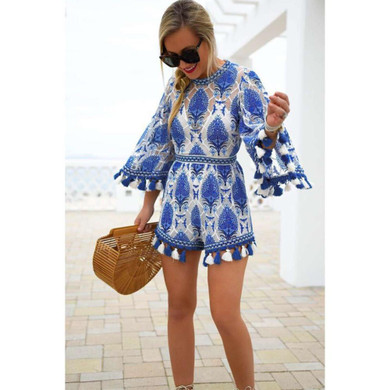 2017 Sexy ruffle floral print jumpsuit romper Women  neck backless overalls Causal hollow out summer beach playsuit
