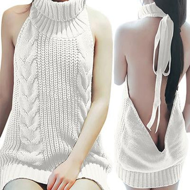 2017 Sexy Backless Women Sweaters And Pullovers Autumn New Turtleneck Sleeveless Long Virgin Killer Sweater Japanese Knitted