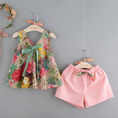 2017 Children's Girls Summer Beach Floral Printed Sleeveless Baby Vest Tops +Shorts Sets For Girls Kids Clothes Outfit Suits