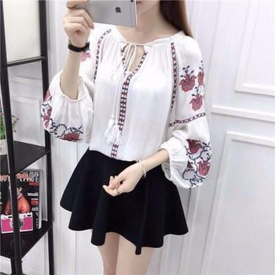 2017 Cheshanf Ethnic Boho Embroidered Blouse Summer Autumn Women Long Sleeve Blouse Ladies Girls Pullover Tops Blusa