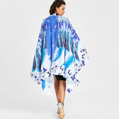Asymmetrical Feather Floral Print Cape