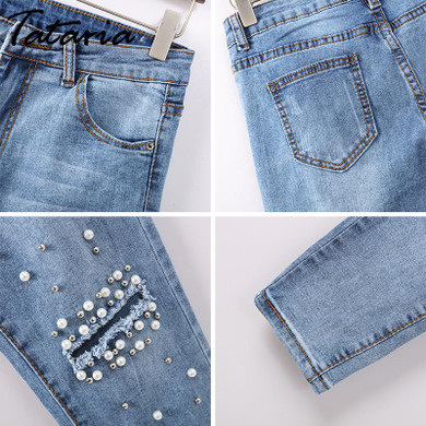 Ripped Jeans For women Skinny Pearl Destroyed Woman Jeans With Beads Skinny Ankel Length Bottom Denim Pants Pantalon Femme Jean