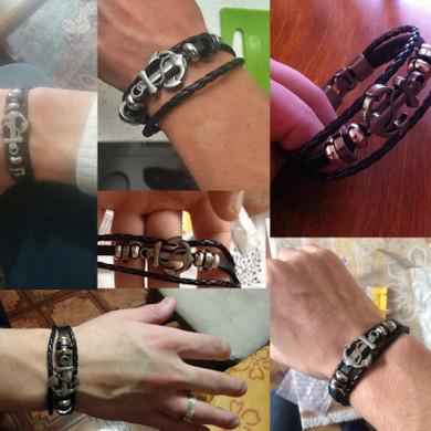 Vnox Vintage Anchor Bracelet Black Leather Charm Bracelets Men Jewelry Party Gift