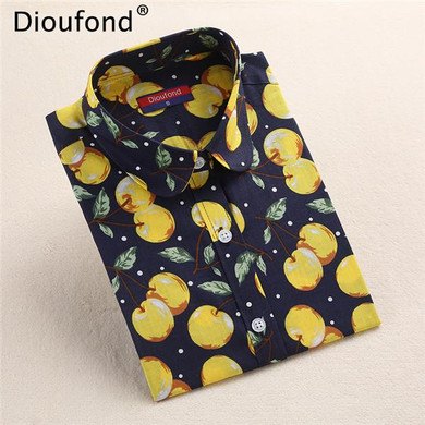 Dioufond Summer Pineapple Cherry Print Blouse Shirt Long Sleeve Cotton Women Blouses Casual Plus Size Shirts Blusas Femininas