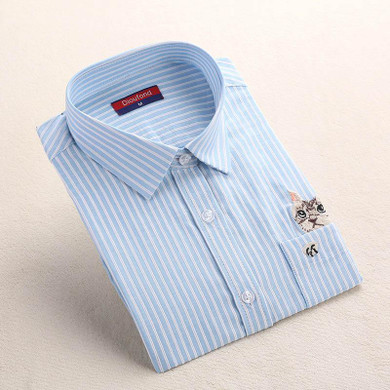 Dioufond Striped Cat Embroidery Blouse Shirt Women Long Sleeve Tops 2017 Casual Pocket Button Down Blouses Embroidered Plus Size