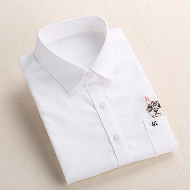 Dioufond Print Cat Embroidery on Pocket Shirts Lady 2017 Spring New Fashion White Navy Casual Blouse Shirts Long Sleeve Blouse