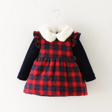 Warm Winter Long Sleeve Baby Infants Fur Collar Children Girls Kids Velvet Plaided Thicken Princess Party Dress Vestidos S4238