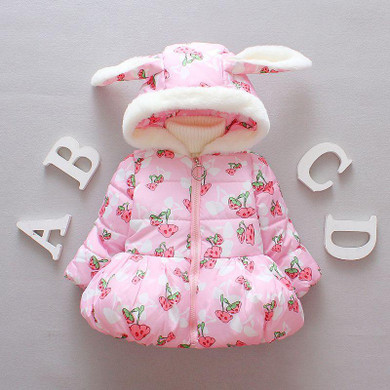 Warm Winter Baby Girls Hooded Strawberry Print Kids Velvet Snow Wear Outerwear Coat Parkas casaco
