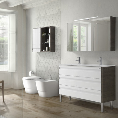 16" Open Side Cabinet with Shelves and Mirror, Wall Mount, Walnut, Serie Barcelona by VALENZUELA