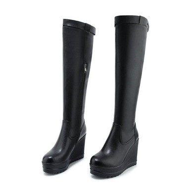 2019 New genuine leather Women Boots wedgesn High Heel platform knee high boots winter warm Ladies Chelsea Boots