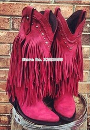 ALMUDENA Women Cowboy Style Fringe Middle Boots Chunky Heel Studded Tassel Boots Real Photo Motorcycle Boots Gladiator Shoes