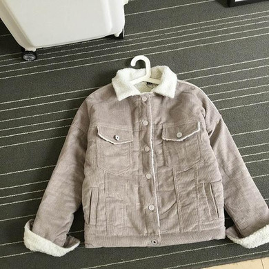 Harajuku wind ladies winter fashion Casual turn-down collar pockets lamb wool warmer thick cotton corduroy loose jacket