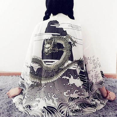 harajuku kimono cardigan 2017 vintage casual summer dragon waves printed chiffon sun protection women clothing outerwear blouse