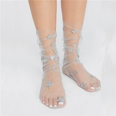 Harajuku Chic Women Glitter Stars Socks Ladies Transparent Mesh Gold Sliver Shiny Stars Socks Female Fishnet Socks Hosiery Sox