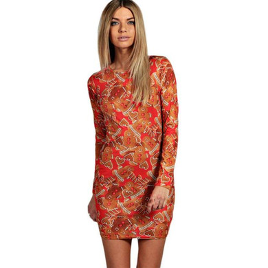 Feitong Autumn Women Christmas Party Dress Ladies Long Sleeve Santa Printing Swing Sheath Bodycon Mini Dress vestidos femininos