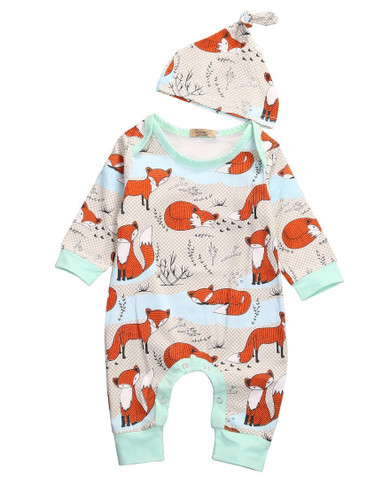 Cotton Newborn Infant Baby Boy Girls Romper Jumpsuit Fox Long Sleeve Cotton Romper+Hat Clothes 2pcs Outfits