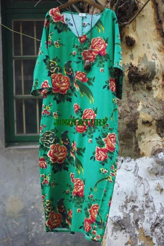 Cotton Linen Vintage Bird Flower Pint V-neck Three Quarter Sleeve Washed Women Dress Plus Size Loose 2017 New Spring Women Robe