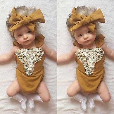 Cotton Kids Baby Girl One-pieces Romper Sleeveless Jumpsuit Lace Sunsuit Outfits With Headband