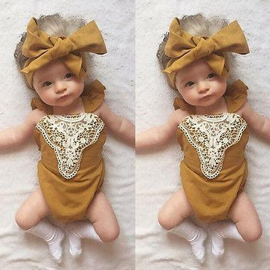Cotton Kids Baby Girl  One-pieces Romper Sleeveless Jumpsuit Lace Sunsuit Outfits With Headband