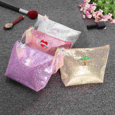 Hologram Laser Cosmetic Bags Women Makeup Bag Shining Polyester Cosmetic Cases Cute Cartoon Pouch Embroidery Storage Organizers