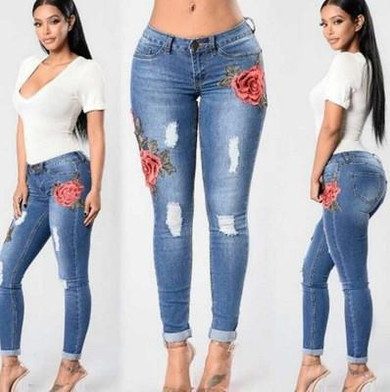 Hole Ripped Jeans Women Pants Denim Vintage Embroidered Jeans Women Mid Waist Casual Pencil Pants Female Denim Trousers
