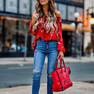 hirigin blouse Women's Off Shoulder flare Long sleeve red gorgeous flower Tops Shirt Casual Blouse Loose Crop female
