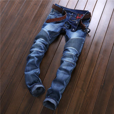 Hip Hop Mens Motorcycle Jeans Blue Slim fit Biker Jeans Mens Pleated Straight Denim Pants Z1218 Hip Hop Mens Motorcycle Jeans Blue Slim fit Biker Jeans Mens Pleated Straight Denim Pants Z1218