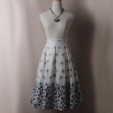 BACHASH Women Fashion Casual Printed Pleated Midi Skirt 2017 New Streetwear Ladies White Skater Skirts Saia Femininas For Autumn