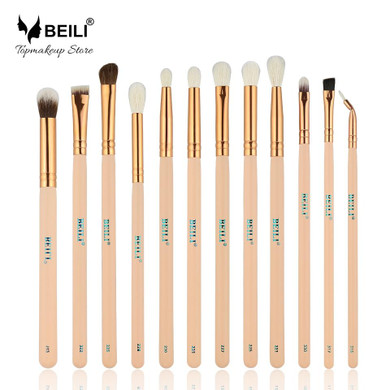 BEILI 12pcs Rose Golden 100% Natural Goat Pony Synthetic Hair Eye shadow Eyeliner Concealer Makeup Brush Set