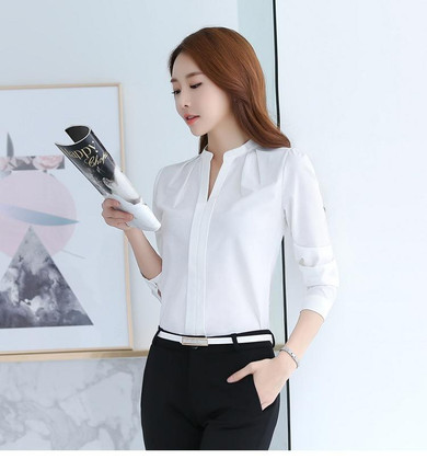 BEFORW Summer Women Blouse White Pink V-neck Shirt High Quality Long Sleeve Elegant Womens Clothing Office Wear Chiffon Blouse