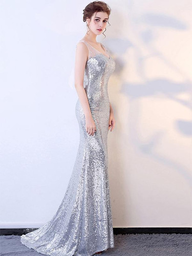 Backless Sequined Mermaid Floor Evening Dress