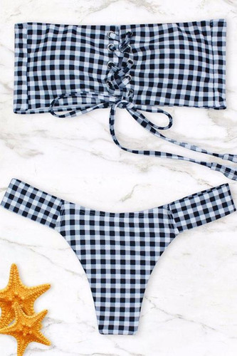 Gingham Lace Up Bandeau Thong Bikini Swimsuit - Two Piece Set