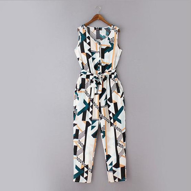 Geometric Print Contrast Color Block Button Front Belt Waist Jumpsuit Romper Playsuit Casual Streetwear 2017 Summer Women Y72