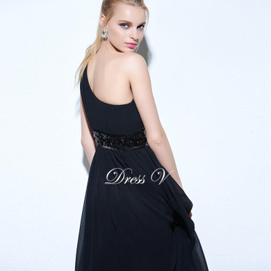 Dressv black one-shoulder evening dress A-line draped sequins chiffon long evening dress elegant formal party dress prom dress