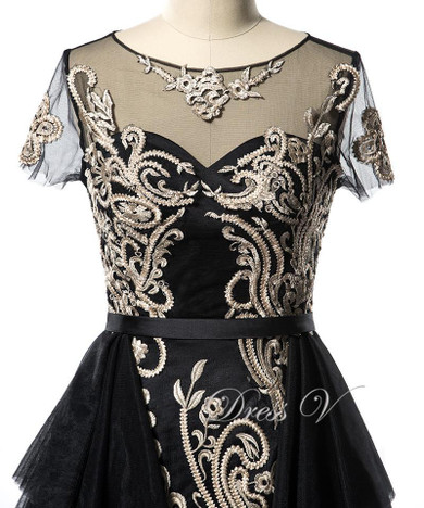 Dressv Black And Gold Lace Applique Cocktail Dresses Short Sleeves 2017 Applique A-Line Sexy Party Dress Above Knee Prom Gown