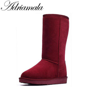 Adriamala Snow Boots Winter Women Shoes 2017 Cow Split Mid-calf Slip-on Shoe Round Toe Flat Leather Knee High Boots For Women