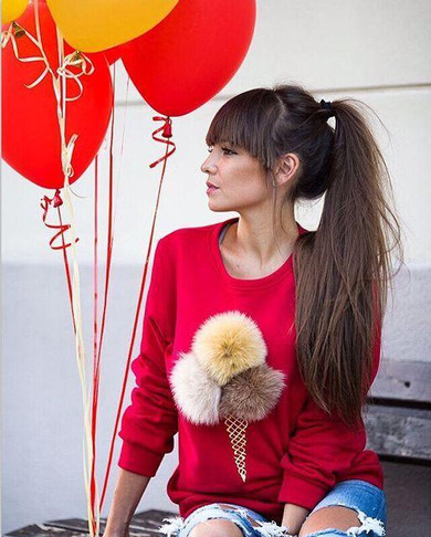 Adogirl Autumn Winter Lovely Fur Pompoms Sweatshirt Casual Women Pullover Ice Cream Long Sleeve Hoodies Sudaderas Mujer 2017