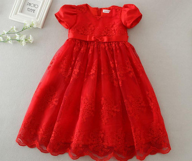 Ivory and Red Baby Girl Christening Gown Newborn Baptism Dress 1 Year Birthday Dress Long Lace Baby Girl Dress