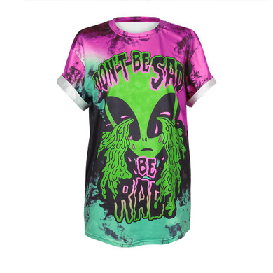 ISTider Brand New Weird Design "Don't Be Sad" Crying Alien T Shirt Women Summer Loose Short Sleeve T-Shirt Unisex Punk Tops