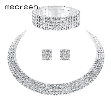 Mecresh Crystal Bridal Jewelry Sets Silver Color Rhinestone Necklace Wedding Engagement Jewelry Sets for Women TL299+SL116