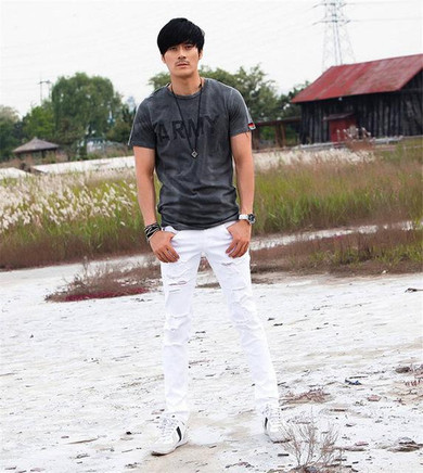 MCCKLE Fashion White Ripped Jeans Men With Holes Skinny Famous Designer Brand Slim Fit Destroyed Torn Jean Pants mens jeans