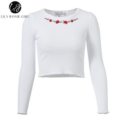 White Floral Embroidery Knitted Crop Top for Women - Autumn 2017