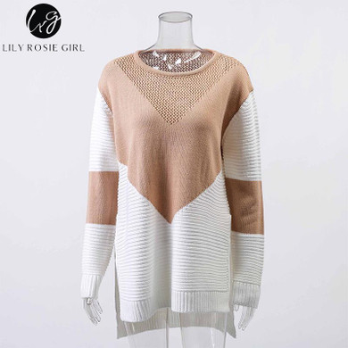Stylish Khaki & White Patchwork Knitted Sweater for Women