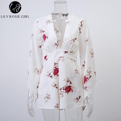 Lily Rosie Girl Boho Deep V Neck White Floral Playsuit