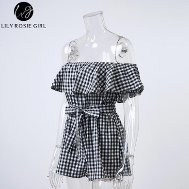 Lily Rosie Girl Black White Plaid Off Shoulder Playsuit